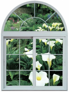 white grill sliding windows with arch